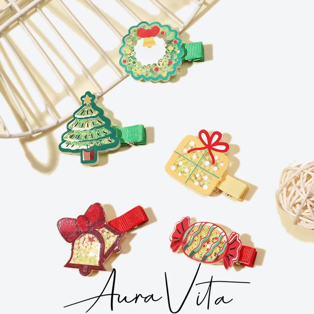 AuraVita New Trend Wreath Candy Christmas Tree Small Bell Gift Box Hairclip Christmas Duckbill Clip Girl Cute Hair Accessories