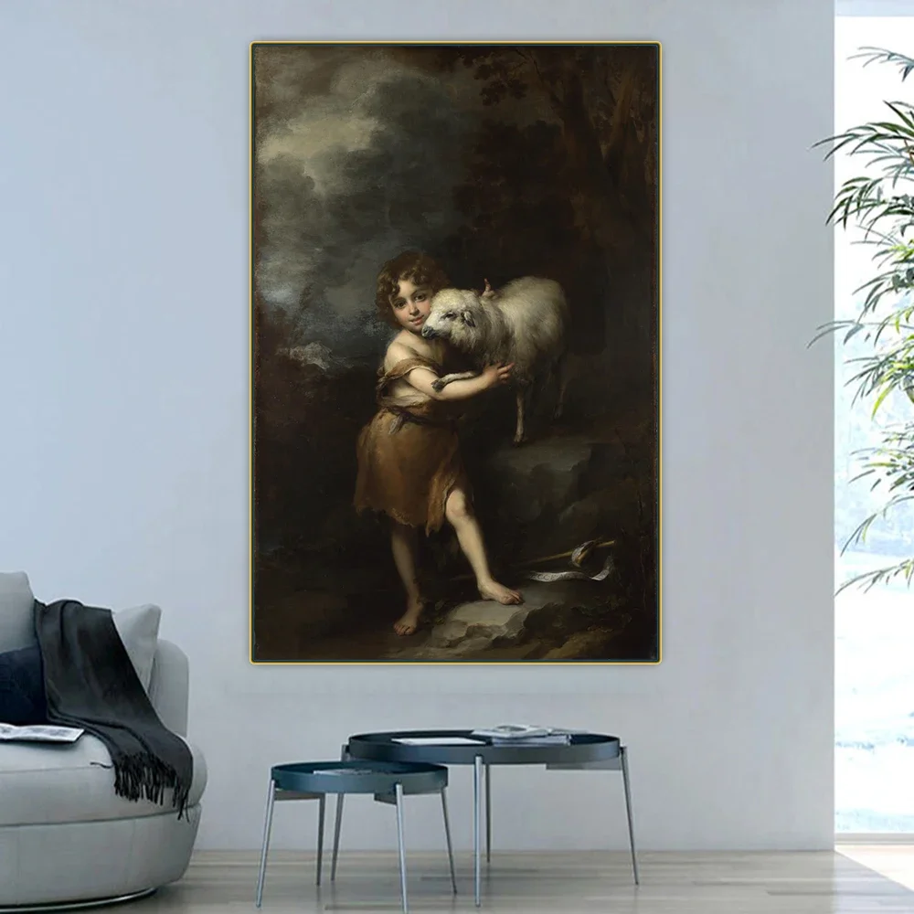 Citon Murillo 《El infantil San Juan con el cordero》 cuadro sobre lienzo, cuadro al óleo, decoraciones de fondo de pared, decoración del hogar