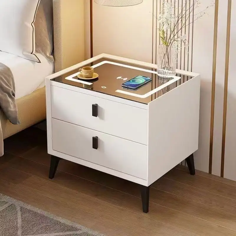 Luxury Smart Modern Bedside Table Nightstand Set 2 Wireless Charging Fingerprint Lock USB Interface Wood Bedroom Furniture