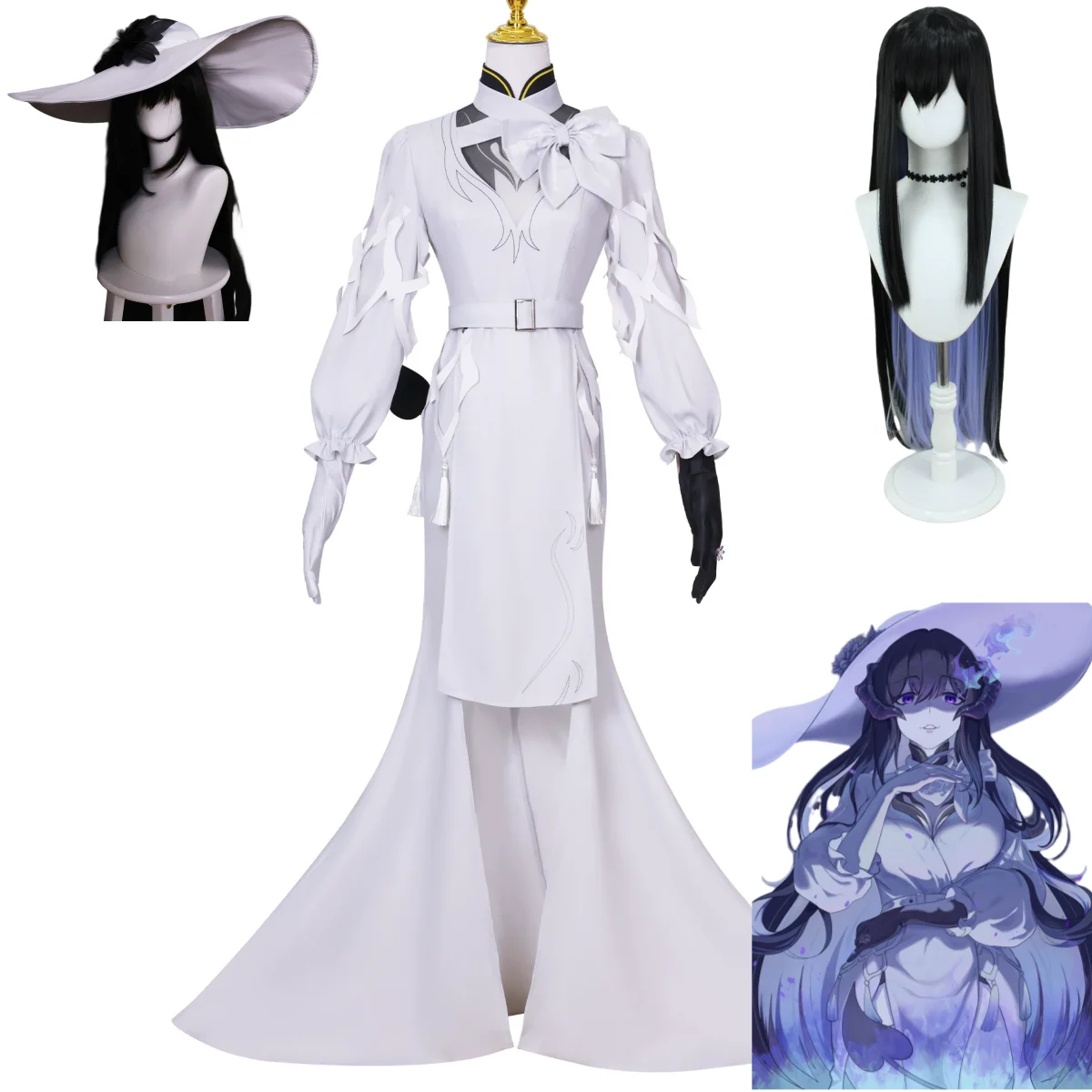 Jogo constância honkai: star rail cosplay traje a dália sempre-chama mansão membro vestido branco chapéu peruca mulher sexy terno de festa