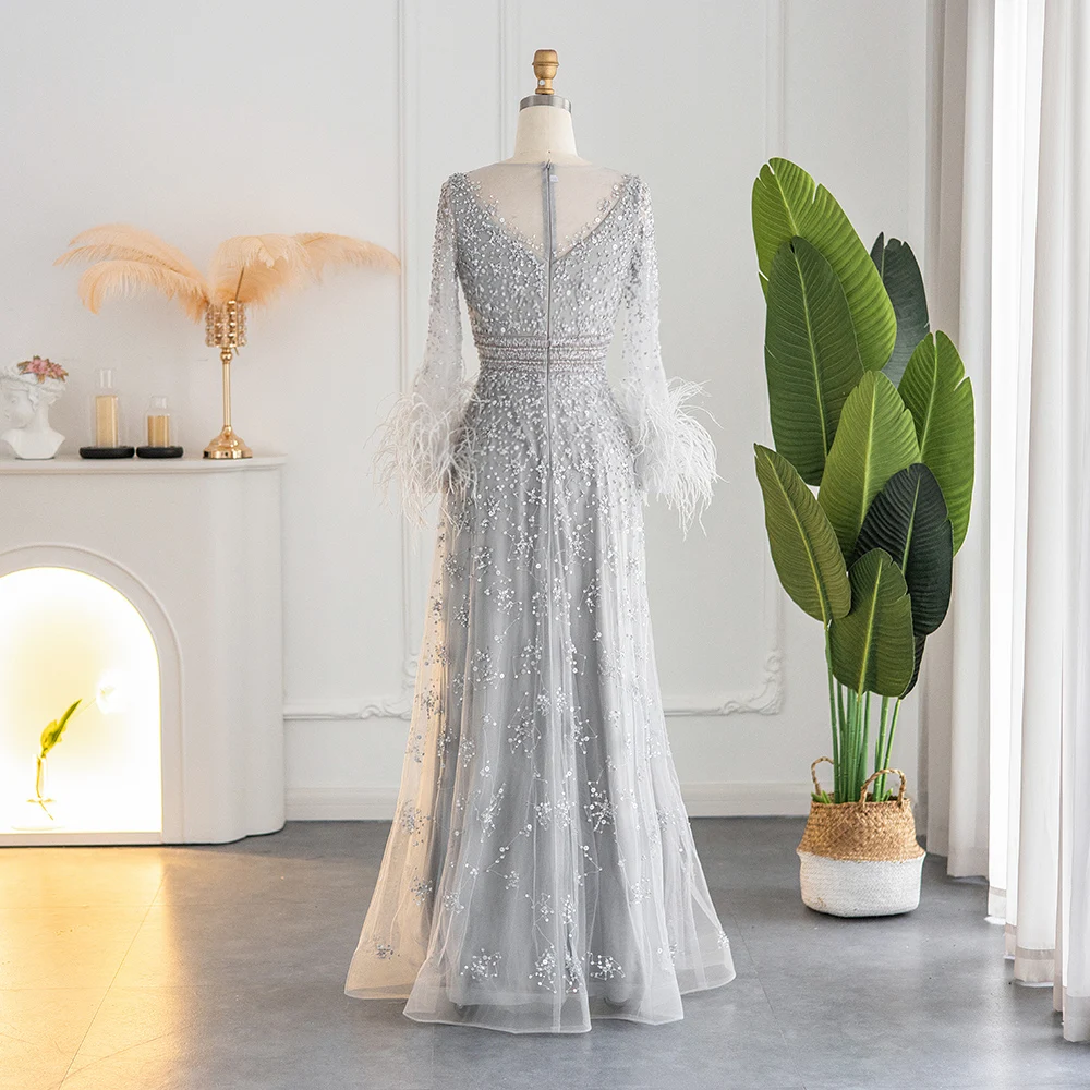 Sharon Said Luxuriöses Abendkleid mit Perlen und Silberfedern in Champagner für Damen, Hochzeit, Bankett, formelle Gala, Partykleid SS101, Maßanfertigung – Detail 12