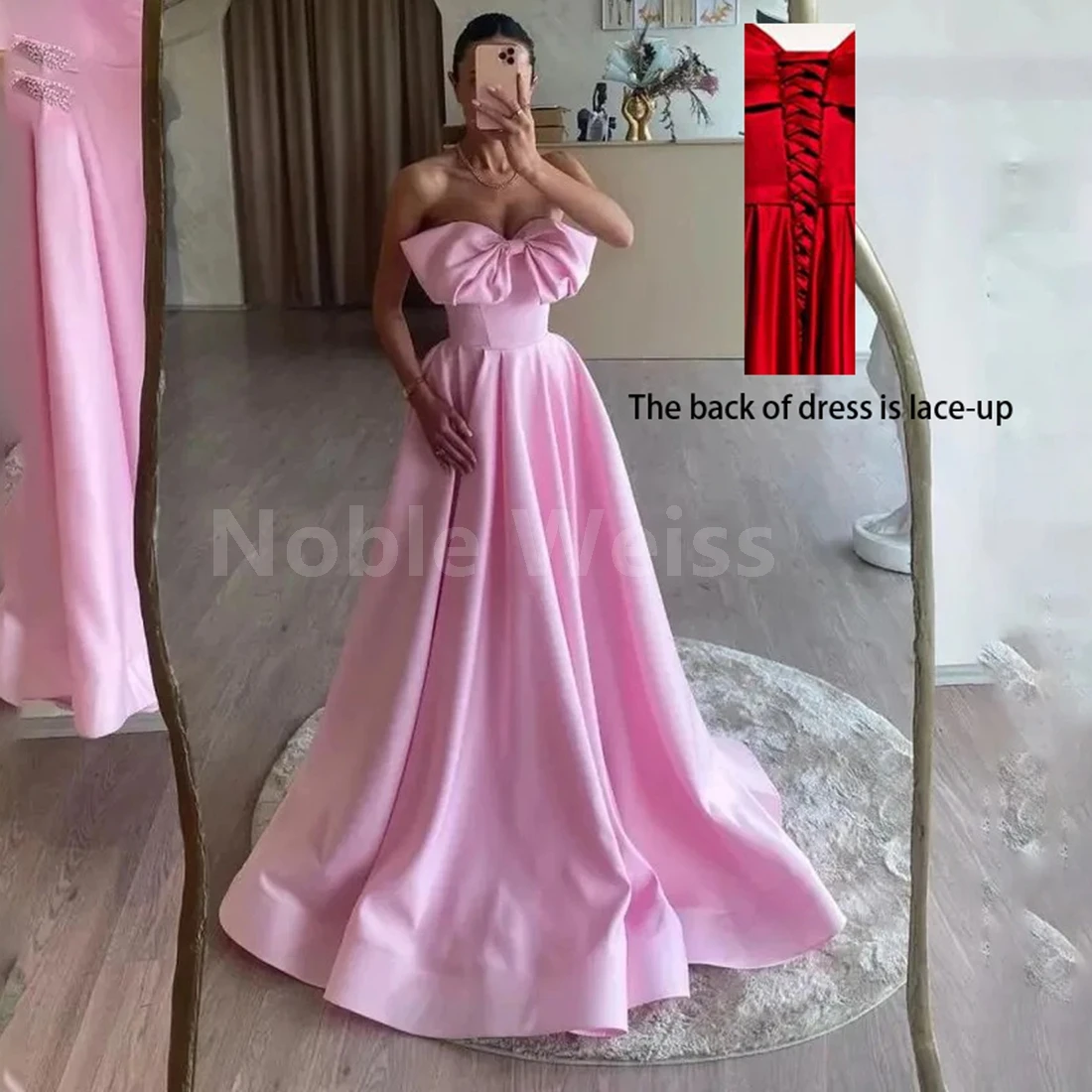 Elegante rosa a linha até o chão vestido de noite de cetim com arco sem alças vestido formal feminino personalizado