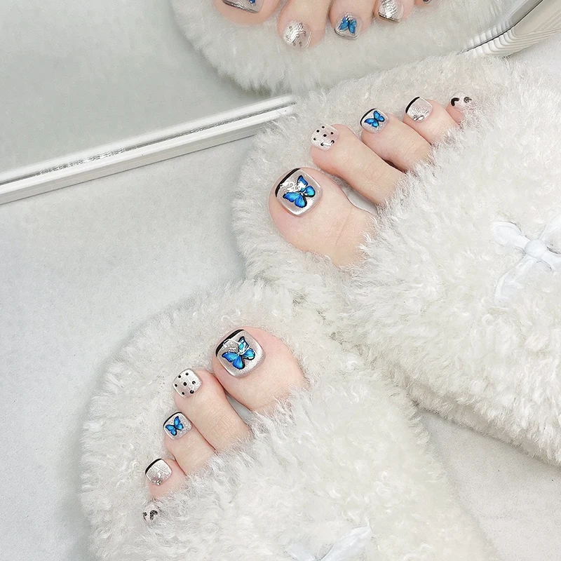 

12pcs Blue Butterfly Press on Toenails Handmade Black Dot and Love Heart Shaped False Toe Nails Patches Removable Toe Manicure
