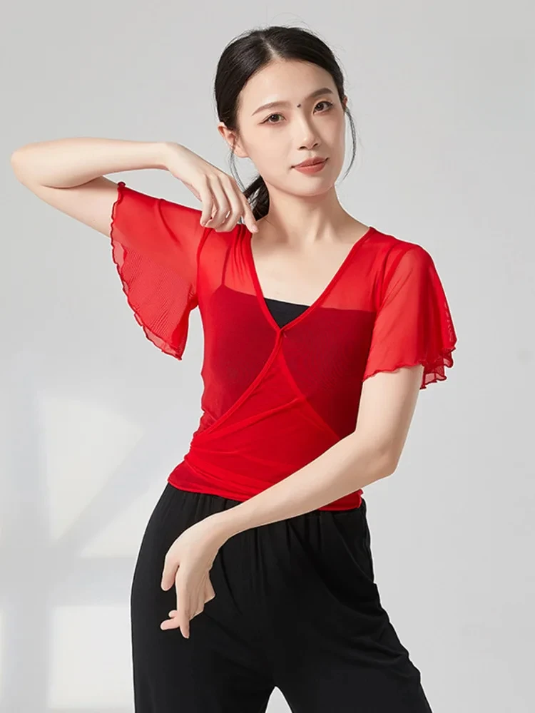 roupa-de-danca-moderna-com-decote-em-v-malha-superior-fino-ajuste-camisa-de-cor-solida-feminino-contemporaneo-palco-ensaio-desempenho-traje-manga-longa