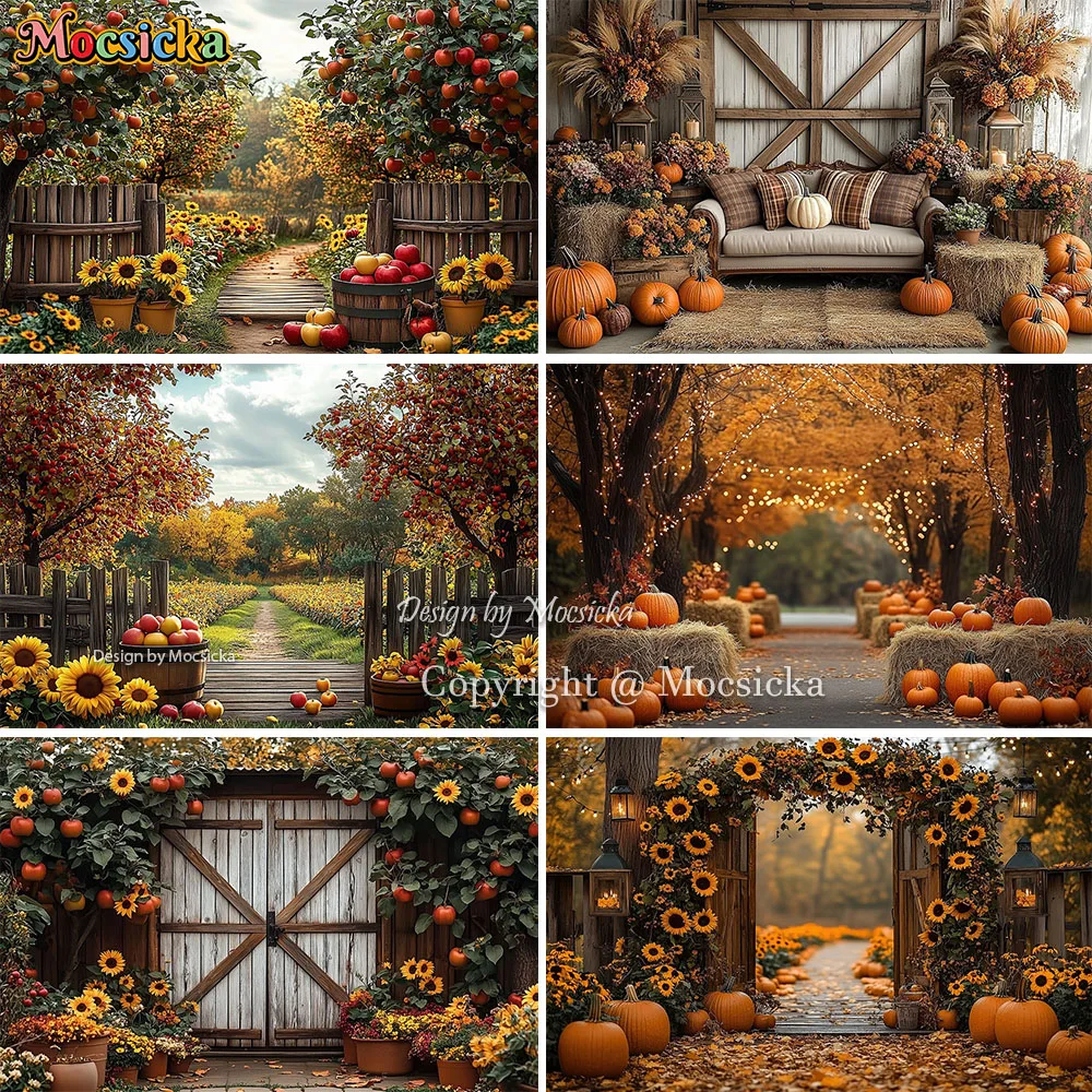Mocsicka Autumn Farm Orchard Background Rustic Apple Trees Sunflowers Pumpkins Backdrop Newborn Baby Cake Smash Photo Studio