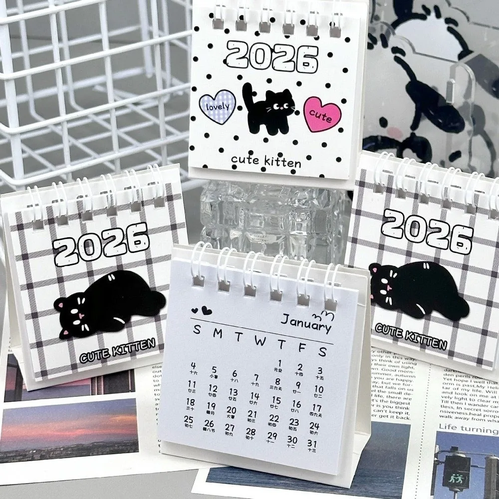 

Simple Mini 2026 Desk Calendar Coil Binding Bow Desktop Calendar Cartoon Portable Schedule Planner Office School Supplies