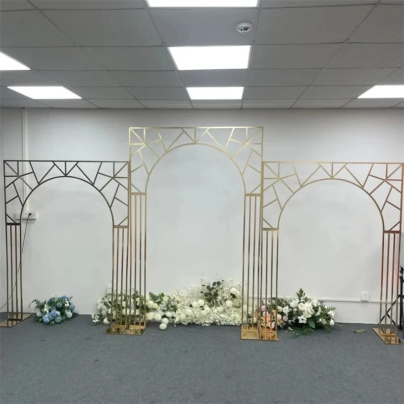 Goldener Metall-Hochzeitsbogen-Hintergrundrahmen 1/3 Stück Glänzender Blumendekor-Ständer Bühnenhintergrund-Requisiten für Hochzeit, Geburtstagsfeier, Zeremonie – Detail 5