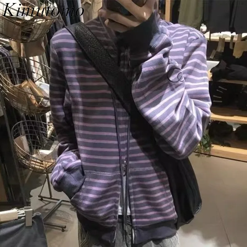 

Kimutomo Fashion Sweatshirts Women Striped Zipper Stand Collar Spring Autumn Y2k Aesthetic Harajuku Jackets Ladies Casual