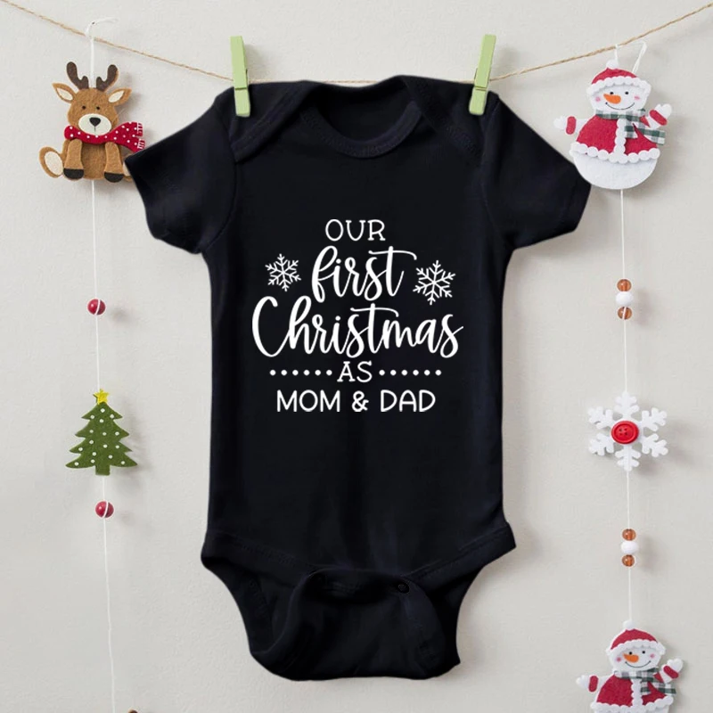 

Baby Funny Clothes "Our First Christmas As Mom Dad"Infant Soft Cotton Romper White Black Red Short Sleeve Baby Boy Girl Bodysuit