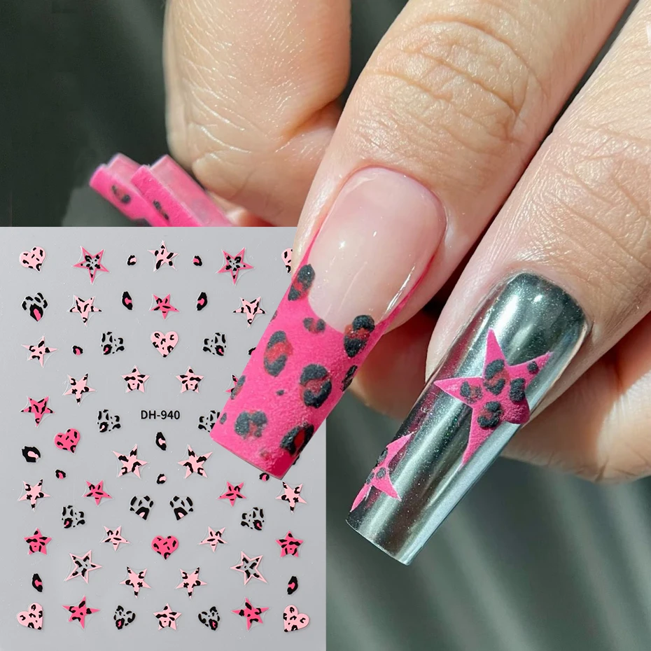 5 pcs Brown Leopard Print Nail Stickers Blue Pink Leopard Stars Self-Adhesive Sliders for Nails Leopard Heart Y2K Nail Art Decor