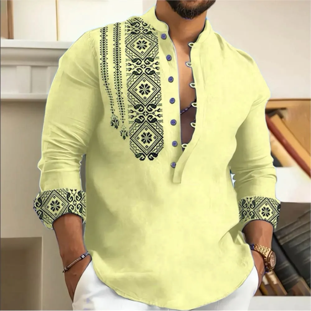 2025 Camicia da uomo Camicia stampata in 3D Camicia monopetto ampia a maniche lunghe Abbigliamento uomo musulmano Camicia con culo Tessuto di lino y2k