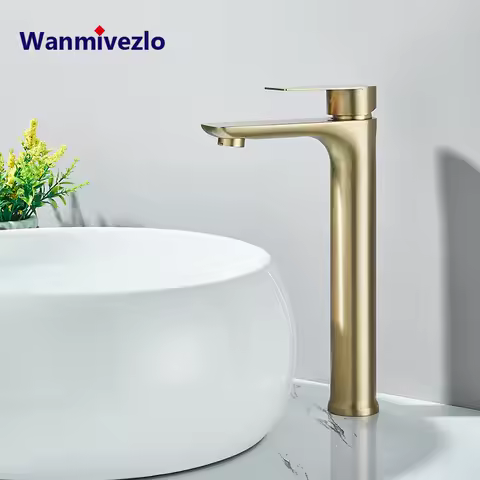 Brushed Gold Basin Sink Faucet High/Short Deck Mount Tap Single Handle Cold Hot Water Mixer Bathroom Washbasin Crane
