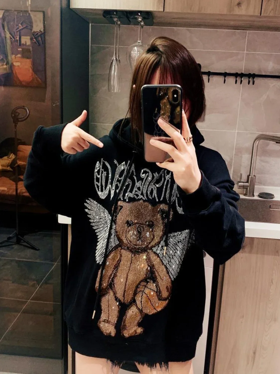 2022 Autumn Winter New Bear Rhinestone Loose Street Tide Brand Sweatshirts Women Fashion Oversized Pullover Black Hoodie Coat