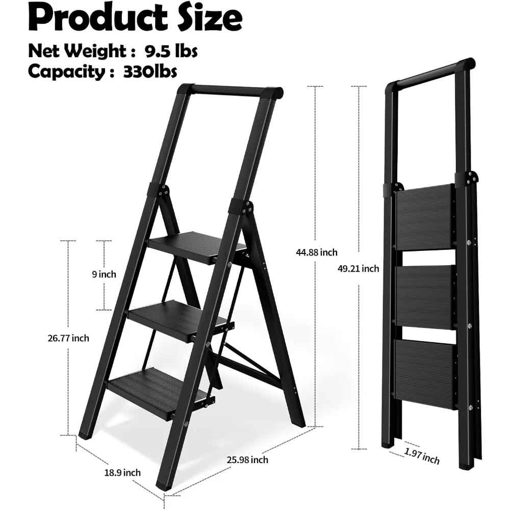 سلم ألومنيوم قابل للطي بثلاث خطوات، خفيف الوزن ومحمول مع مشاعل مضادة للانقسام، قبضة يد مريحة لسهولة الاستخدام والثبات