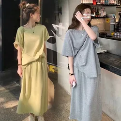 2024 Summer Women Clothing Sets Short Sleeve T-shirt+Dress 2Pcs Suits Solid Color Ladies Casual Loose Outfits Fashion Streetwear