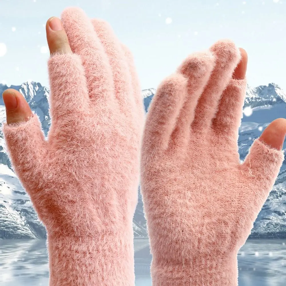 Guantes cálidos de invierno con 2 dedos para hombre y mujer, manoplas gruesas de terciopelo a prueba de frío, guantes de escritura de visón de imitación para estudiantes