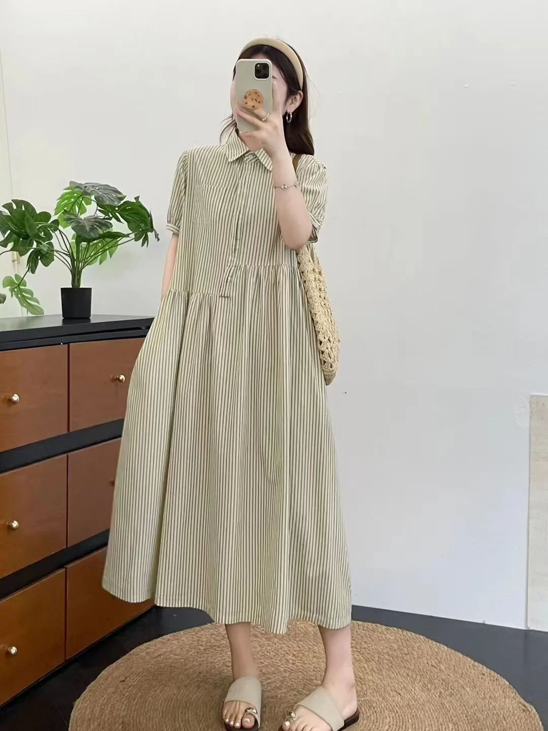 New 2026 Summer Women Cotton Short Sleeve Dresses, Lapel Striped Patchwork, Mori Girl Fashion Casual Loose A-line Dress D65230CC