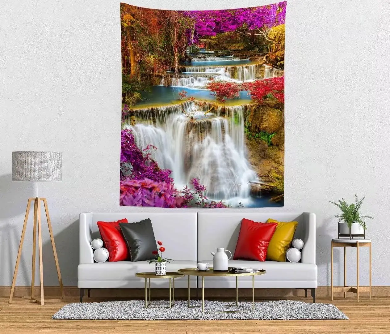 Spring Forest Tapestry Garden Park Scenery Waterfall Tapestry Wall Hanging Flowing Water Stream Beautiful Trees Background
