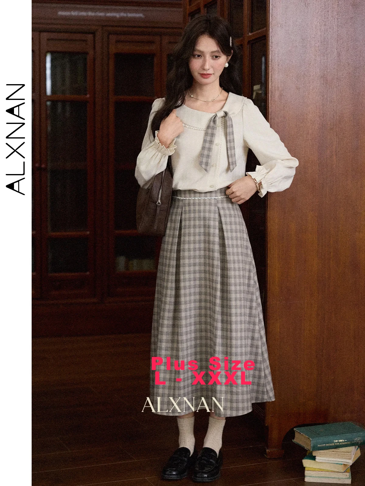 

ALXNAN Плюс Размер Рубашка в клетку с лентой Абрикосовые пышные рукава Кукольный воротник Косой планкой Блузки Офисные женские топы с длинными рукавами D12839