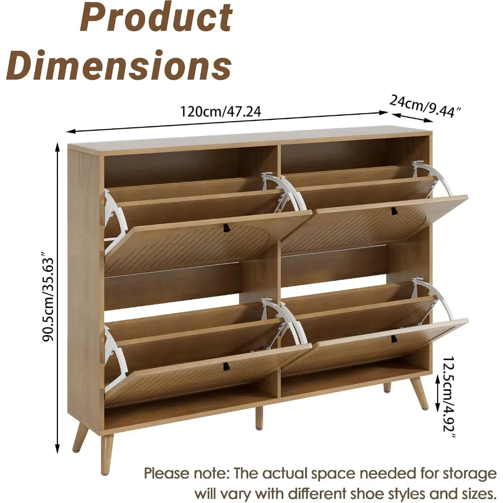 Shoe Storage Cabinet for Entryway with 4 Fluted Flip Drawers, Oak