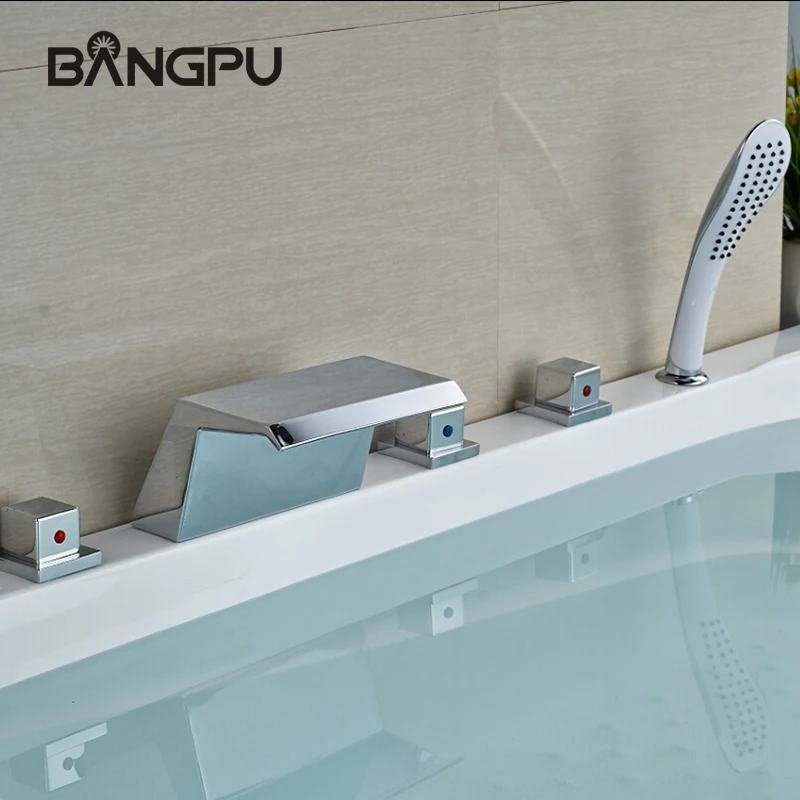 

5 Hole Waterfall Tub Faucet Set with Sprayer Deck Mounted Bathtub Faucet Set Roman Tub Faucet Combo with Handheld Shower Chrome