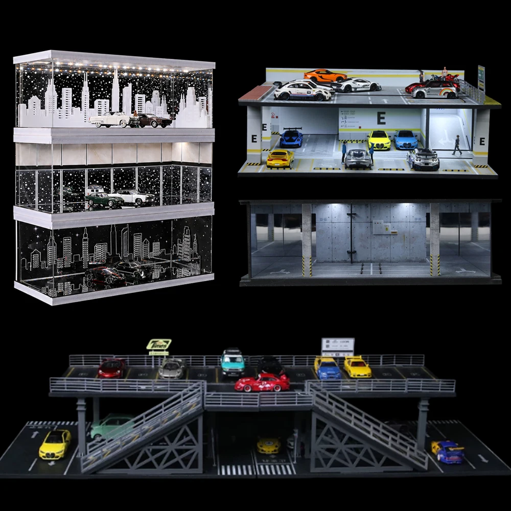 Diorama 1/64 Die-cast Car Garage Scene Model LED Lighting City Street Parking Lot Building Model Scene Display Case
