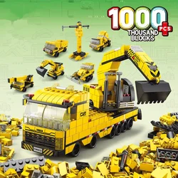 6in1 City Excavating Machinery Engineering Vehicle Crane Car Truck Material Handler Model Building Blocks Sets Bricks Toy Gift