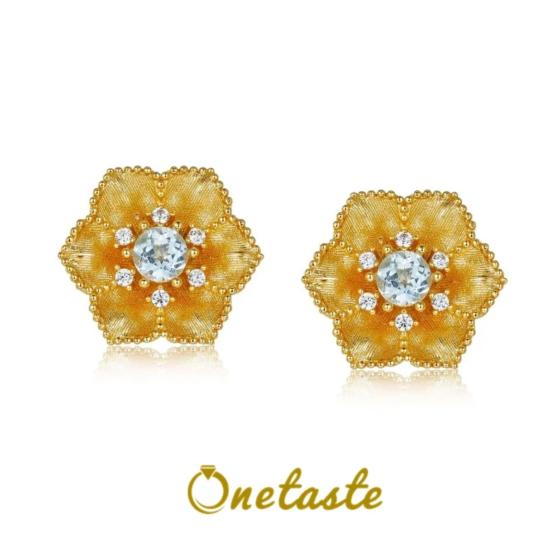 

925 Sterling Silver Gold Plated Natural Topaz Flower Earrings For Women Romantic Gentle Lovely Aesthetic Small Earring Gift