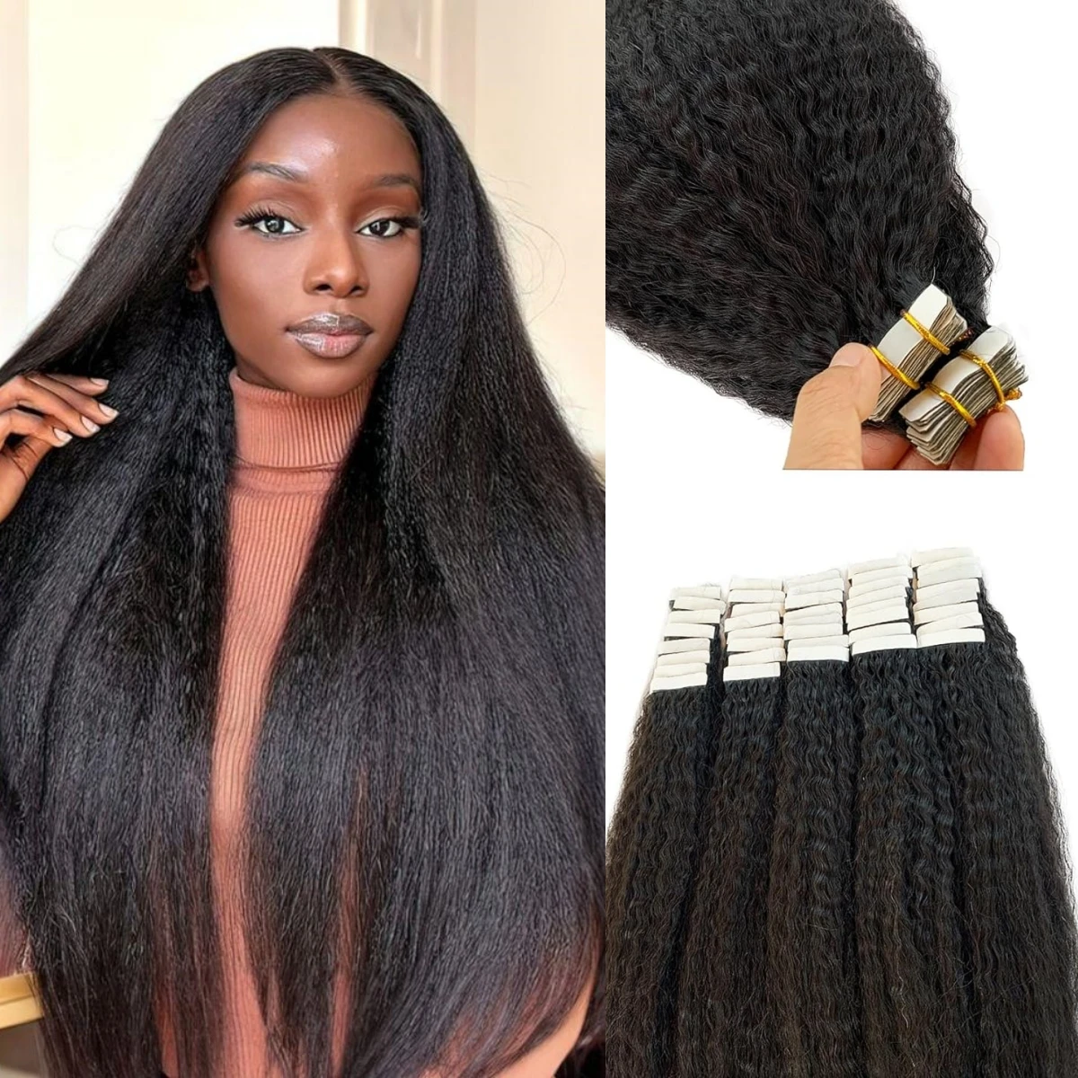 Kinky Straight Tape In Hair Extensions Voor Vrouwen 40 Stuks Volledig Hoofd Echt Menselijk Haar Zwart Naadloze Huid Inslag 50G 100G Per Verpakking