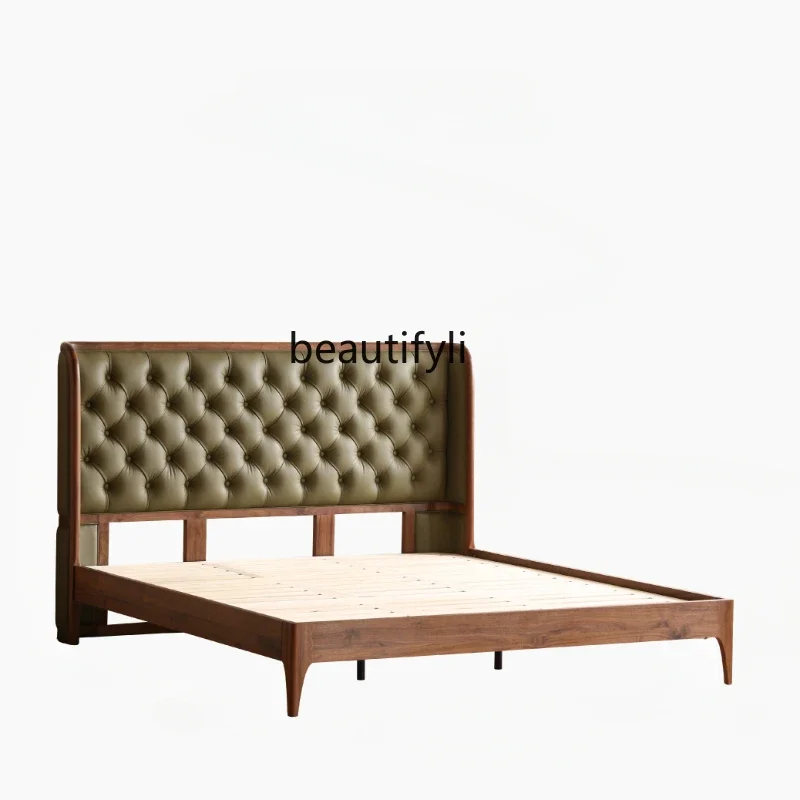 

Black walnut solid wood bed 1.5 meters Modern simple leather soft bag Master bedroom Nordic double bed 1.8 meters