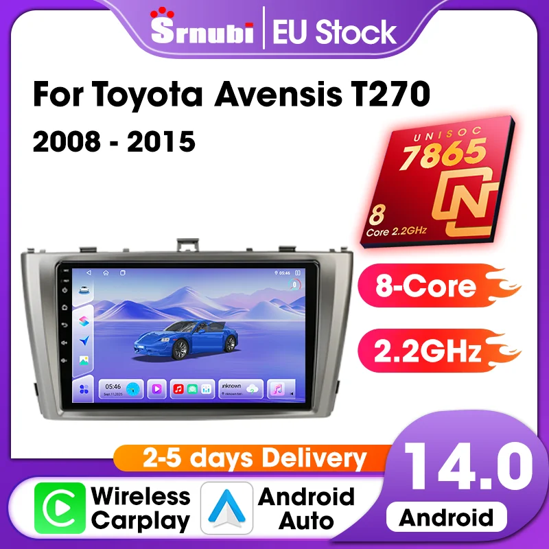 Srnubi 2 Din UIS7865 Android 14 Lecteur multimédia de voiture sans fil CarPlay Android Auto BT Navigation pour Toyota Avensis T270 2008 2009 2010 2011 2012 2013 2014 2015