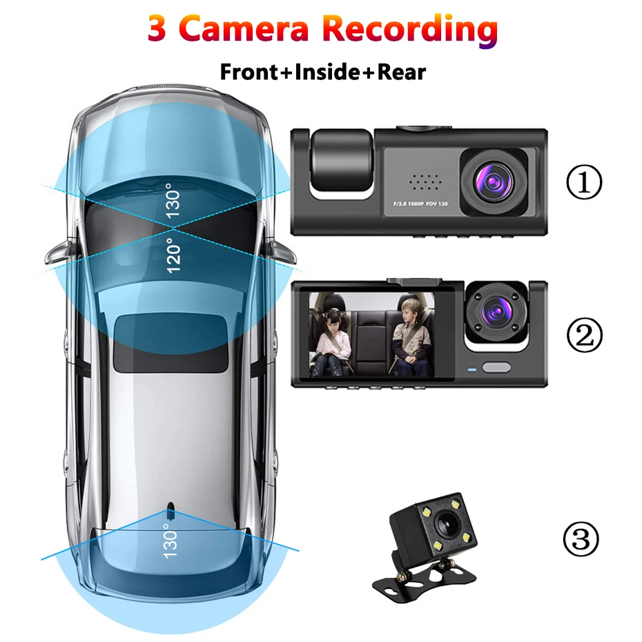 3 Camera Lens Car DVR 3-Channel Dash Cam HD 1080P Dash Camera Dual Lens Dashcam Video Recorder Black Box 24H Parking Monitoring