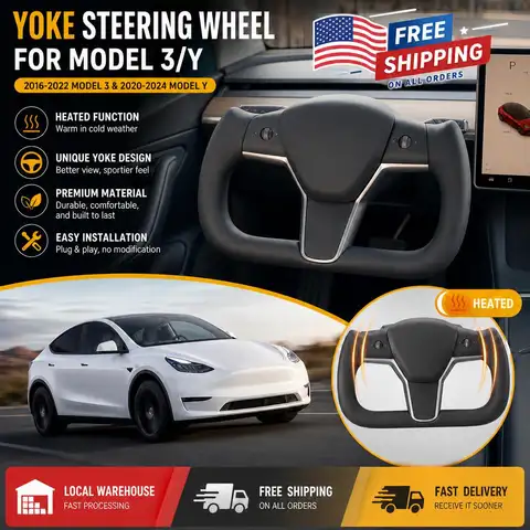 Volante Yoke para Tesla Model Y 3 2016-2022 e Model Y 2020-2024 com Aquecimento, Acessórios Automotivos Pretos