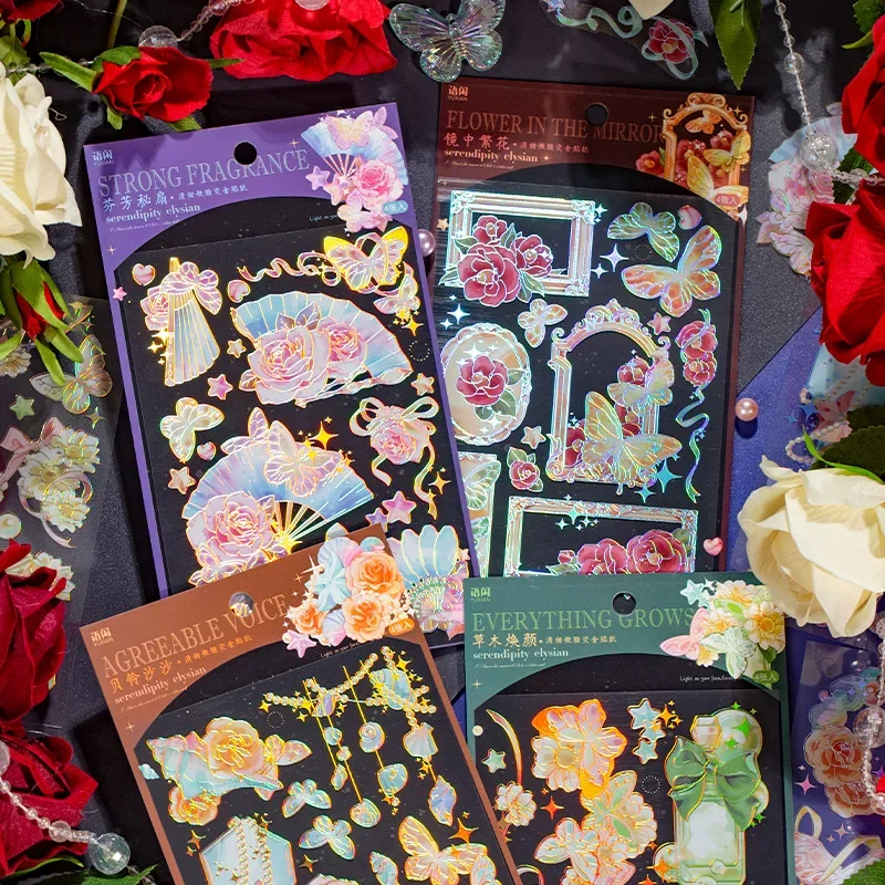 4 pieces PET Hot Gold and Silver Hand Curtains Sticker Colorful Plant Flowers Decorative Craft Stationery Sticker 4 models