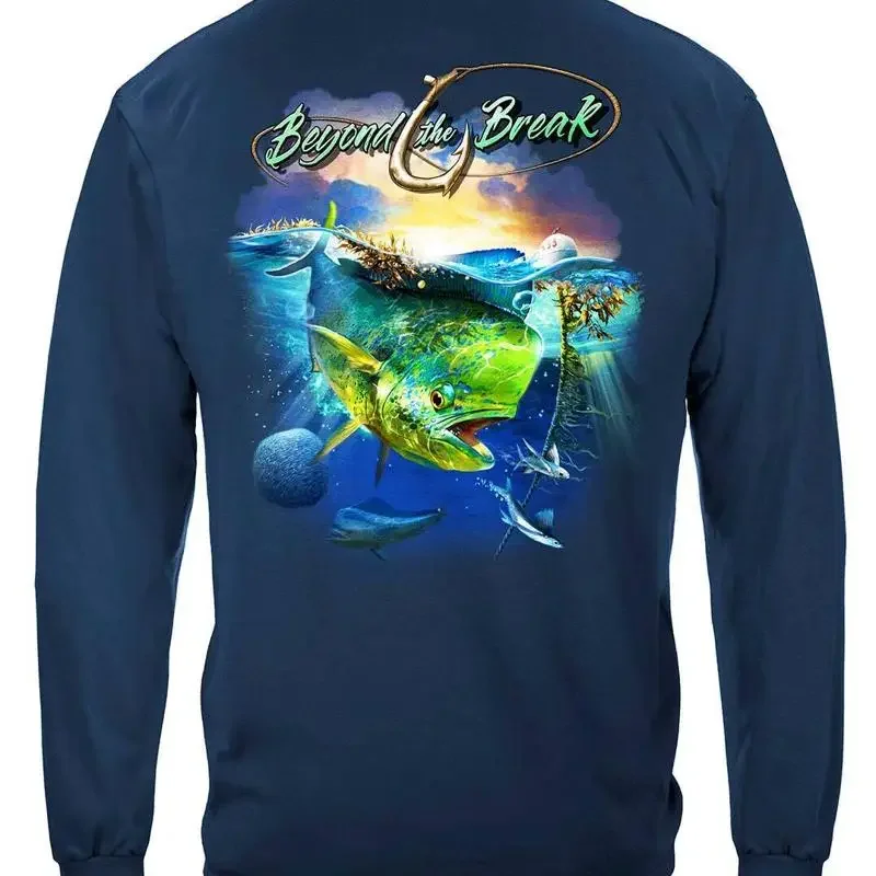 Camiseta larga de algodón 100% azul marino Mahi Dorado Dolphin Fish Beyond The Break Fishing