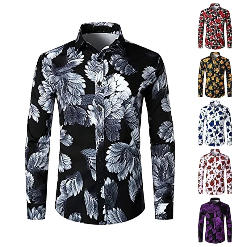 Men's red rose print long-sleeved shirt men's casual versatile fashion street men's shirt lapel single-breasted long sleeve