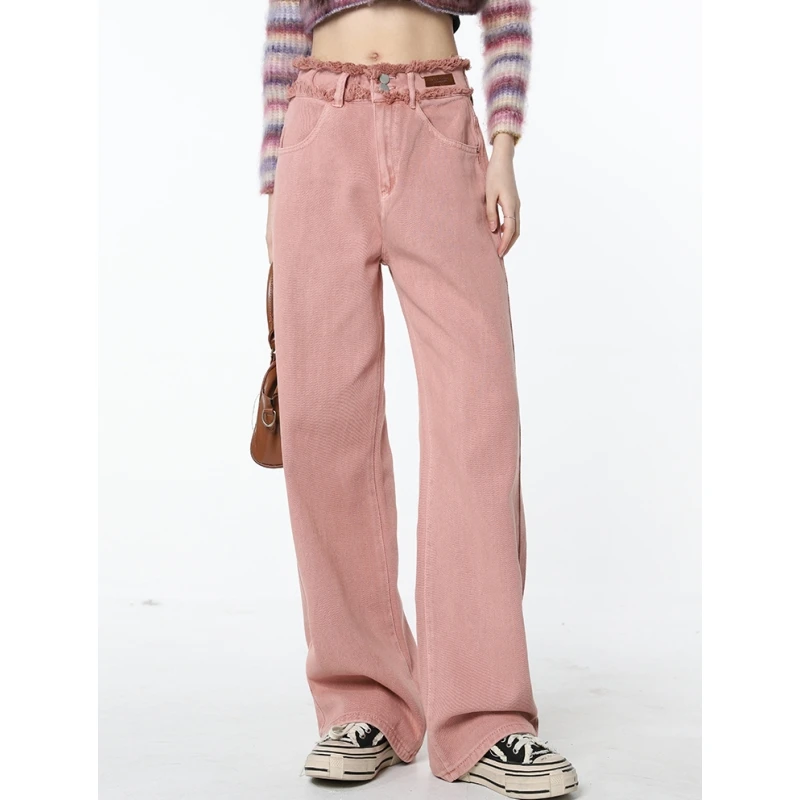 

Vintage Pink High Waist Women Jeans American Fashion Street Wide Leg Jean Female Denim Trouser Straight Baggy Denim Pants