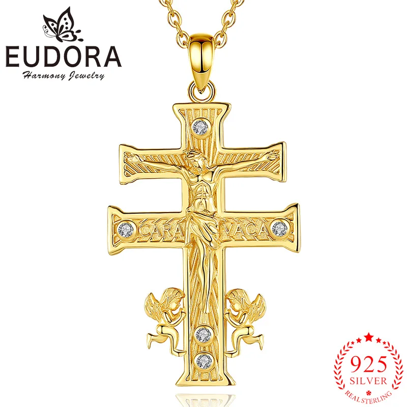 Eudora 925 Sterling Silver Jesus Caravaca Cross Necklace 18K Gold Angel Religious Amulet Pendant Fine Zircon Jewelry Men Gift