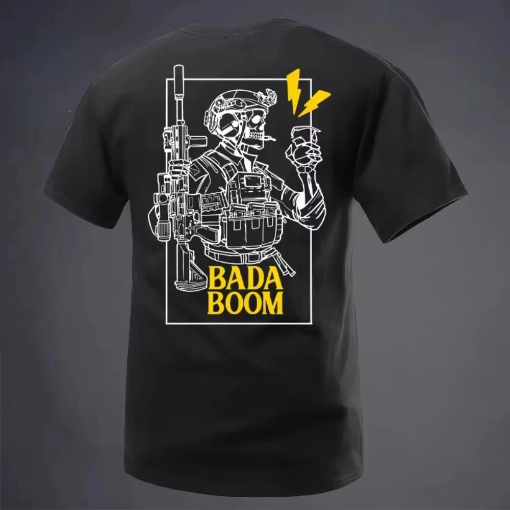 2026 New Military Style T Shirt Men Bada Boom Skull O Neck Short Sleeve Tees Tough Guy Clothing Summer Tactical Streetwear Tops