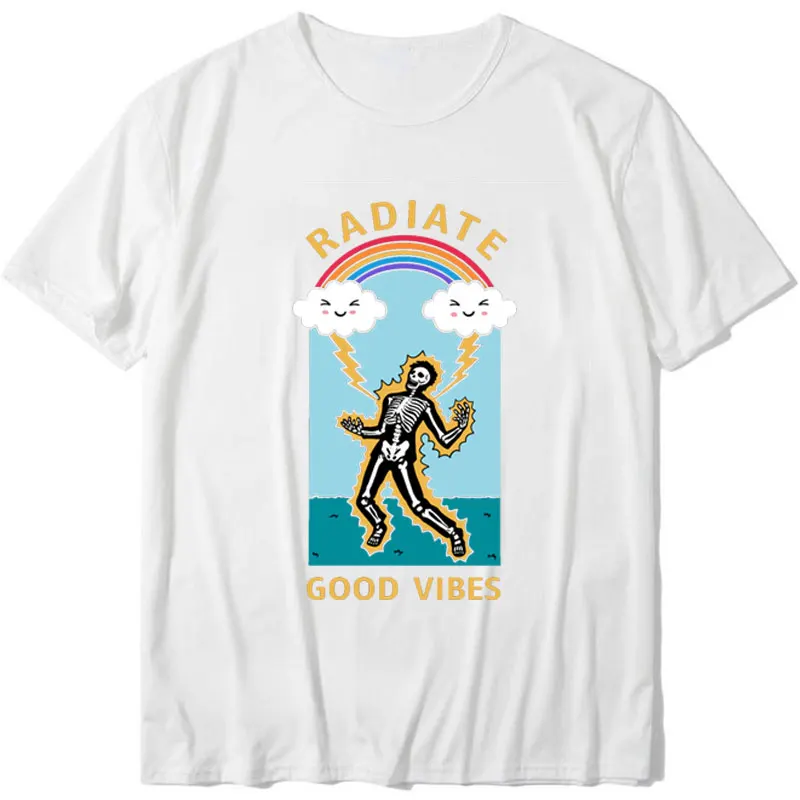 Black Humor Good Vibes Skeleton Graphic Tshirts Woman Man Summer Breathable Quick Drying Outdoors Tshirt Funny Lightning rainbow