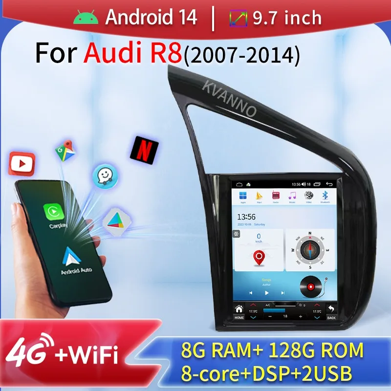 

9.7" Car Radio For Audi R8 2007-2014 Android14 Touch Screen Carplay Navigation GPS Stereo Video Player Multimedia DSP Head Unit