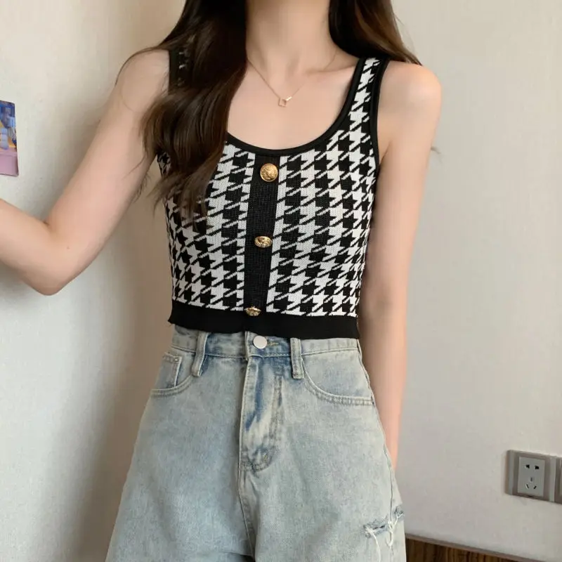 Houndstooth Camis Fashion Buttons Summer All-match Patchwork Slim Square Collar Tank Top Women Clothing Trend Sexy Top Tee