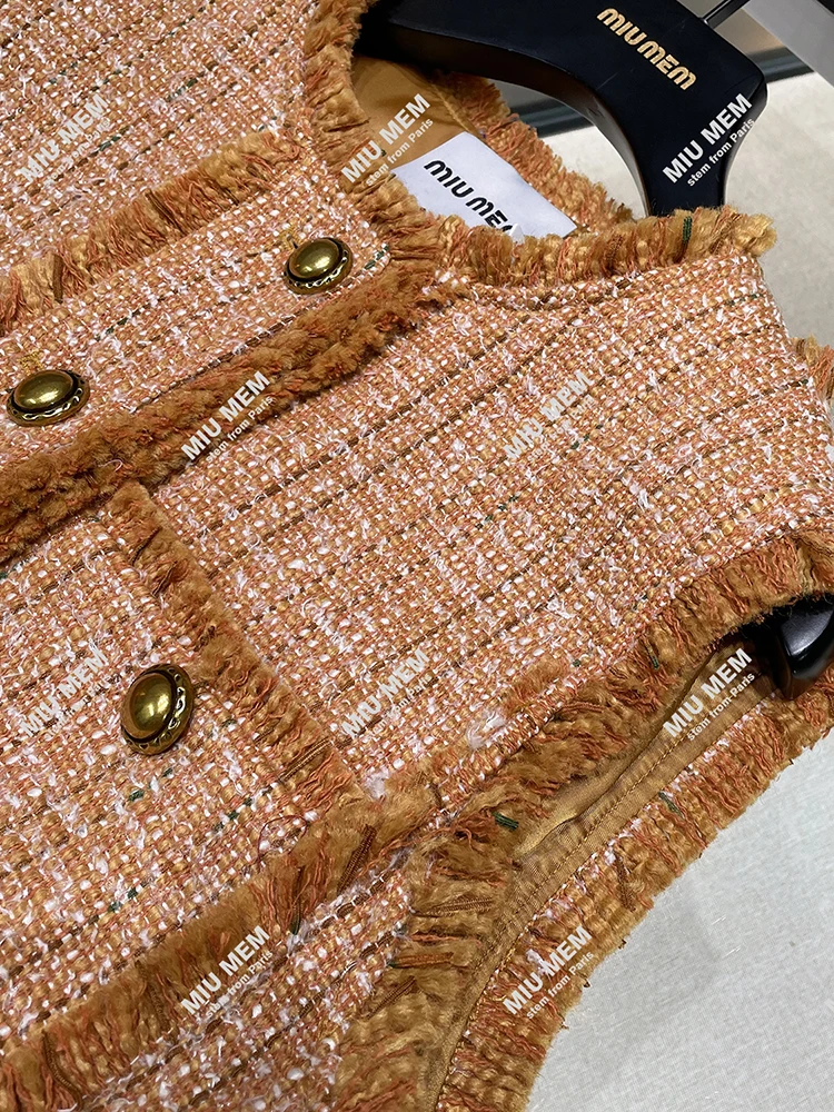 

High-End Autumn Winter Tweed Fringe Vest Outerwear for Women Commute Sle with kets round Ne Single Button Closure