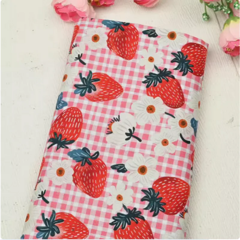 100% Cotton Fabric With Cute Pastoral Wind Plaid Strawberry Print, Handmade DIY Garment Dress Material CR-1965