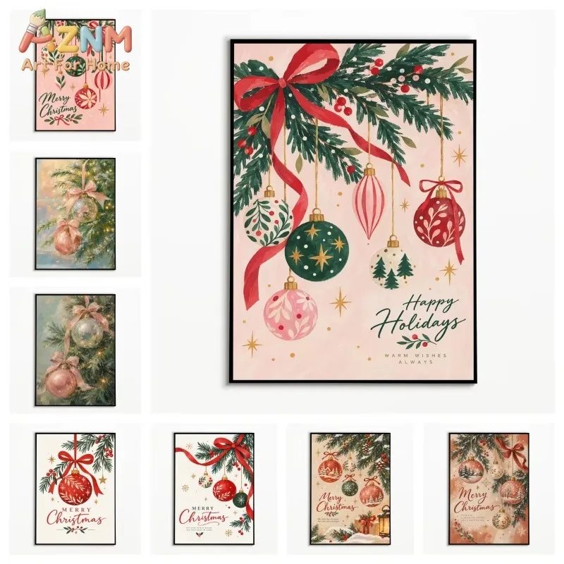 Unframed Pink Christmas Ornament Canvas Wall Art Watercolor Pine Branch Bauble Bow Happy Holidays Print Poster Farmhouse Winter