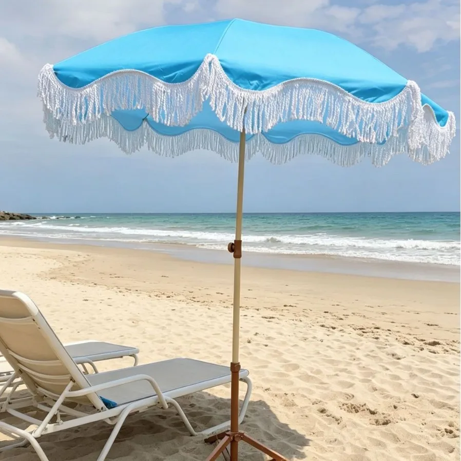 New Beach Umbrella Ruffle Edge Tassel Vintage Outdoor Patio Sun Shelter Garden Sunshade