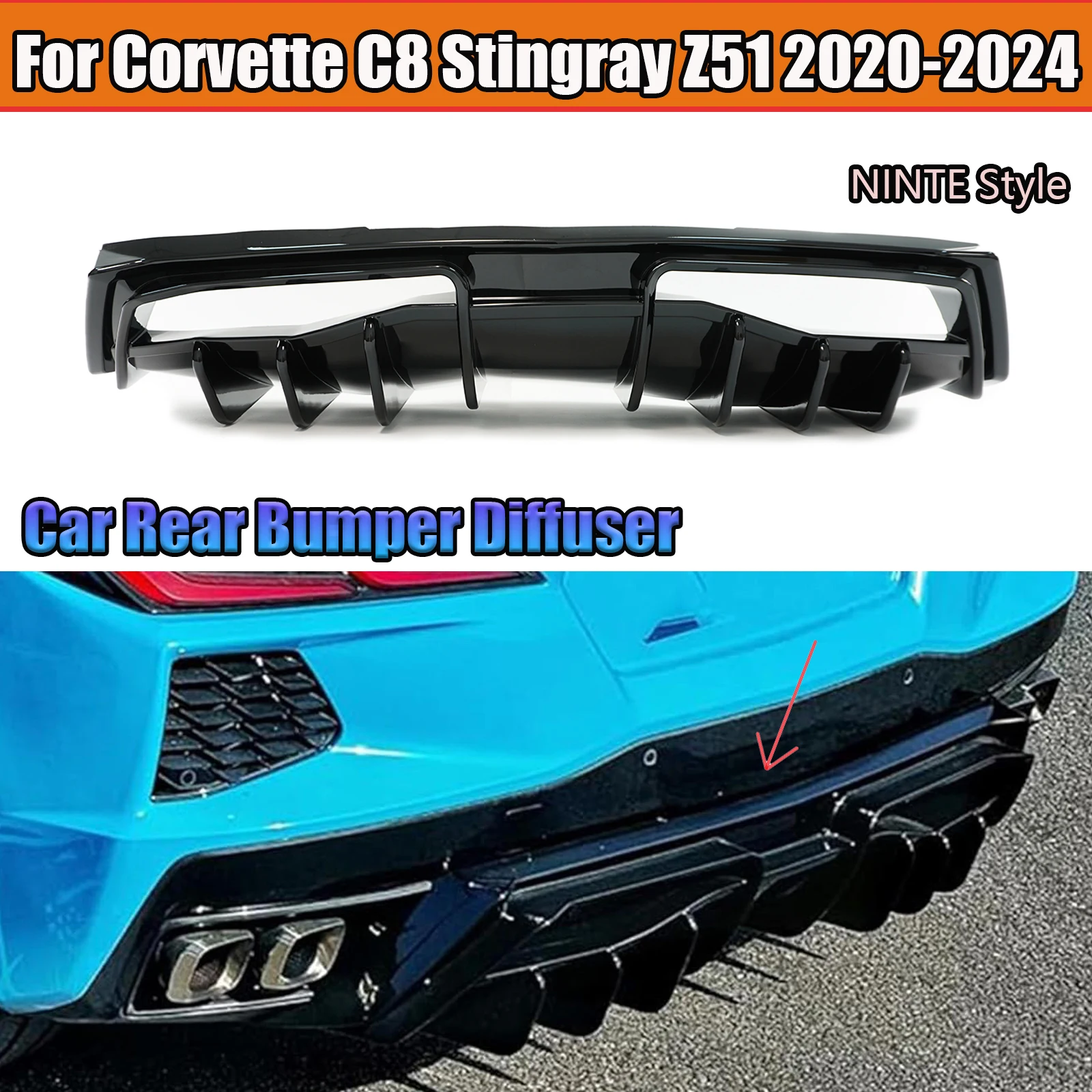 Car Rear Bumper Diffuser For Chevrolet Corvette C8 Stingray Z51 2020-2024 NINTE Style Spoiler Splitter Body Kit Glossy Black