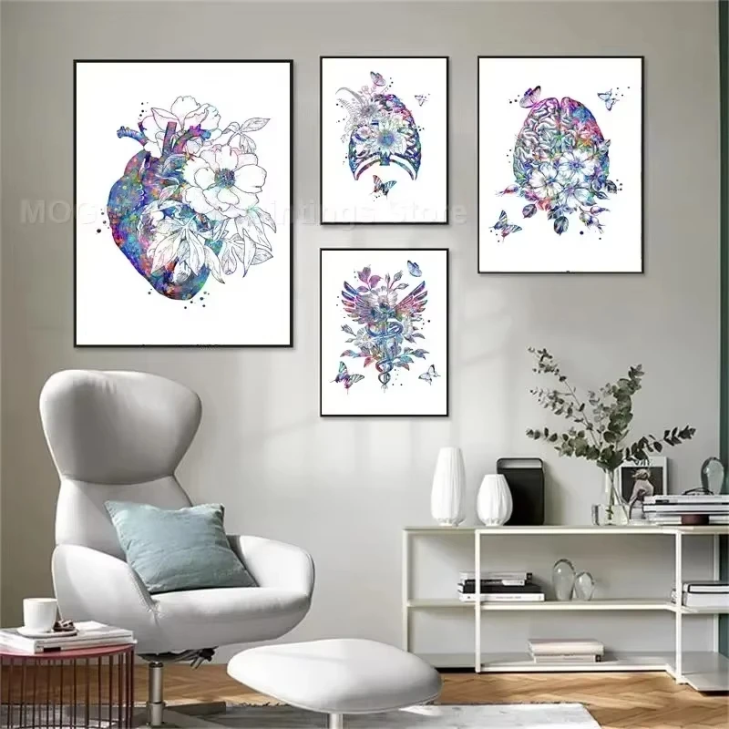 ألوان مائية زهرة القلب الدماغ الرئة الأضلاع DNA الجهاز تشريح المشارك الطبية طباعة جدار الفن قماش اللوحة صورة لعيادة ديكور