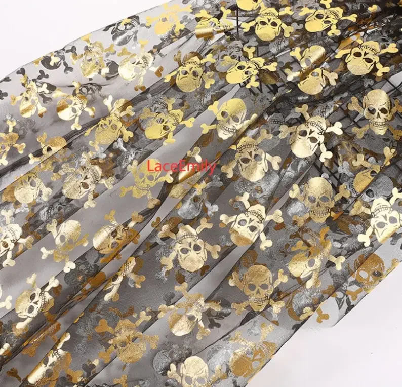 Gold skull pattern lace fabric skull black Mesh Tulle Fabric for Halloween, Easter, cosplay performance costume fabrics
