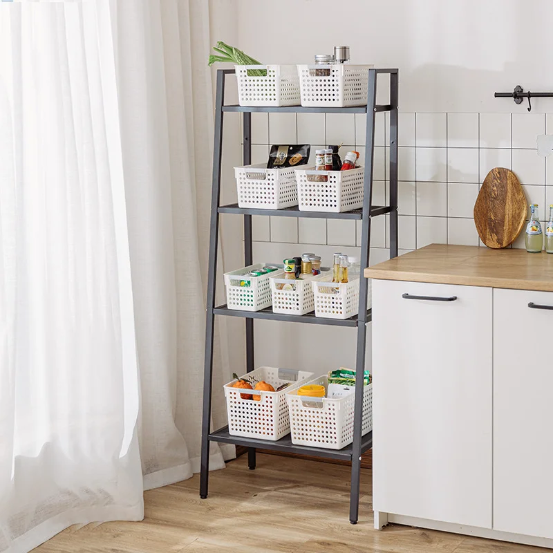 Simple And Safe Living Room Four-Layer Shelf Floor Storage Shelf Mesh Design Good Load-Bearing Bookcase Ladder Bookshelf